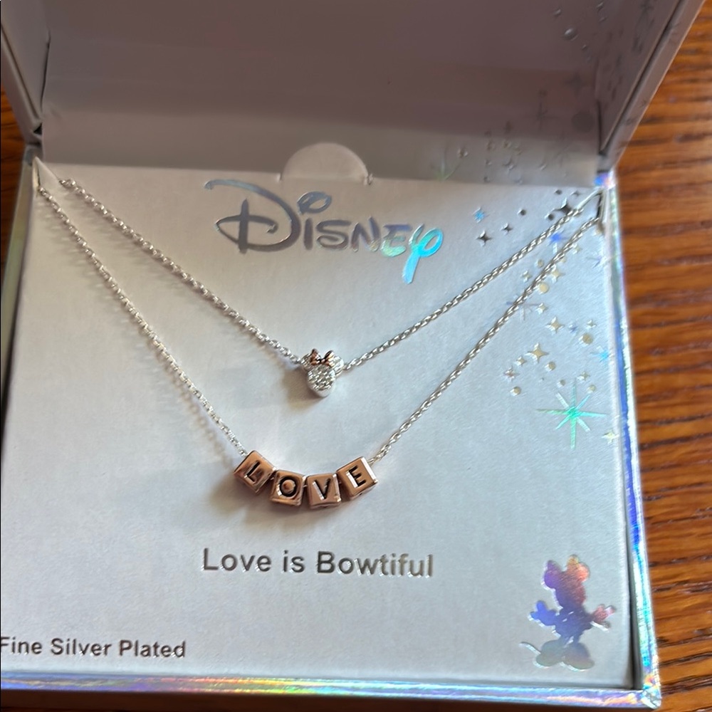 Disney Silver and Gold Love Necklace 🆕 NWT.  “love is bowtiful”, layered.